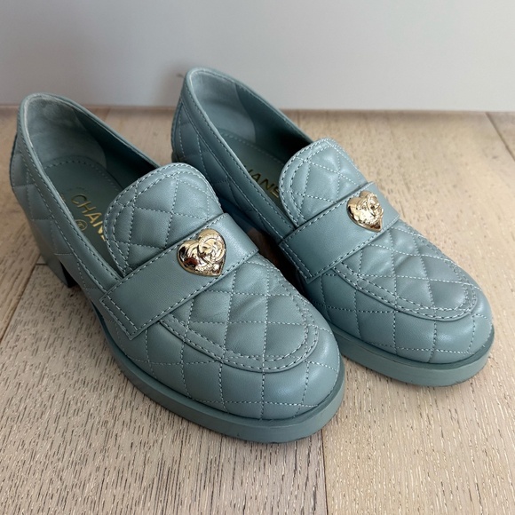 Chanel Lambskin Quilted CC Heart Loafers Light Blue size 38 - Picture 1 of 10